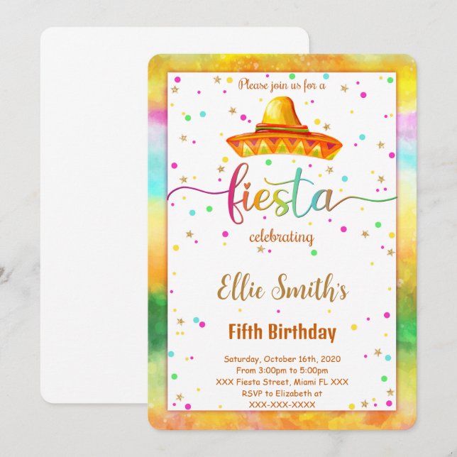 Redigerbar inbjudan till Fiesta-födelsedag (Fram/baksida)