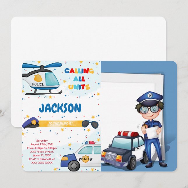 Redigerbar inbjudan till foto från polisens födels (Fram/baksida)