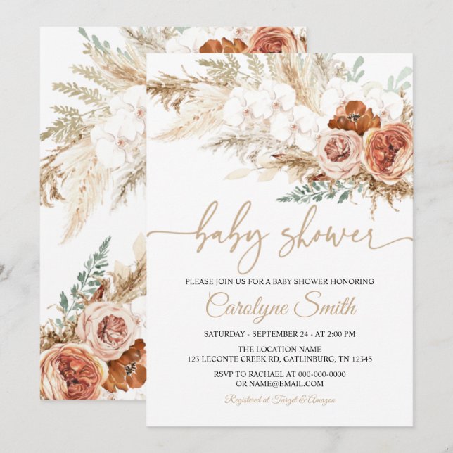 Redigerbar inbjudan till Pampas Grass Baby Shower (Fram/baksida)