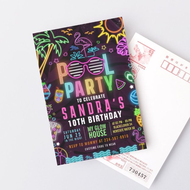 Redigerbar inbjudan till Party i Bassäng Party Glo (Pool Party Glow Party Editable Invitation)