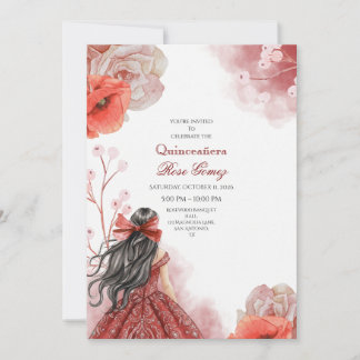 Redigerbar inbjudan till Red Watercolor Quinceañer