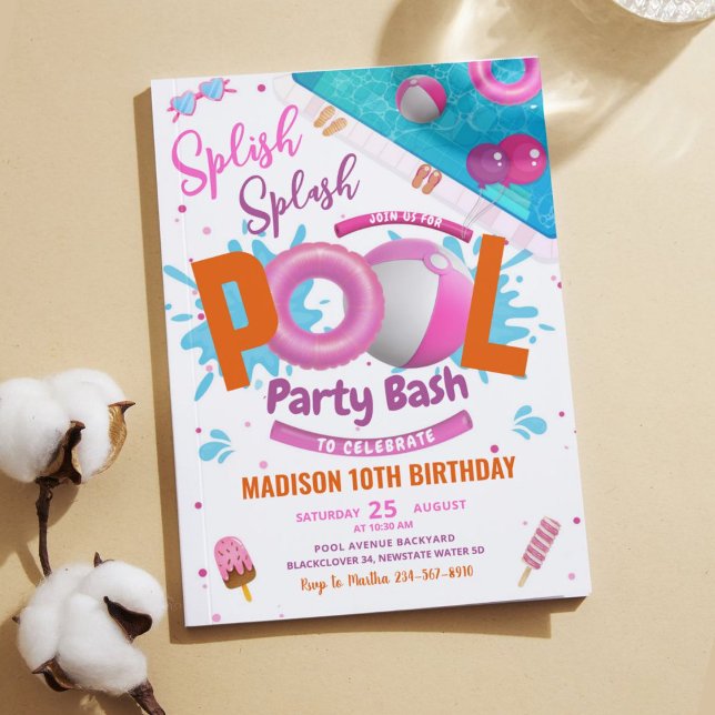 Redigerbar inbjudan till Rosa på födelsedagen i Ba (Editable Pool Party Bash Pink Birthday Invitation)
