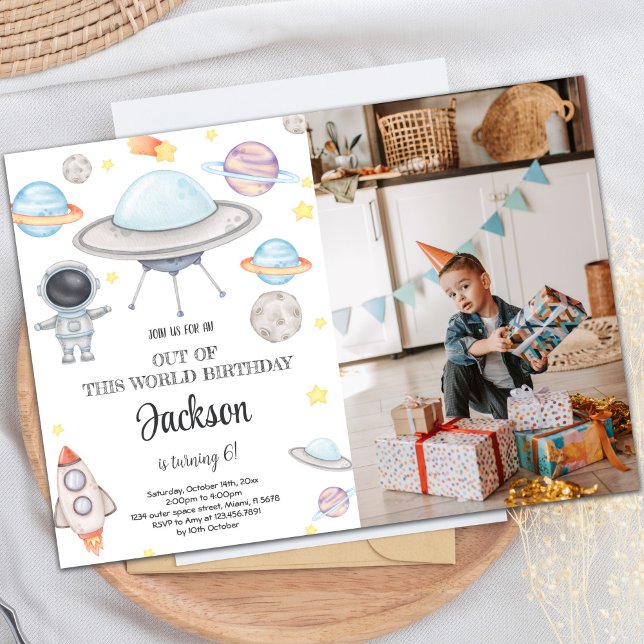 Redigerbar inbjudan till Rymden-födelsedag (Outer Space Birthday Invitations with photo)