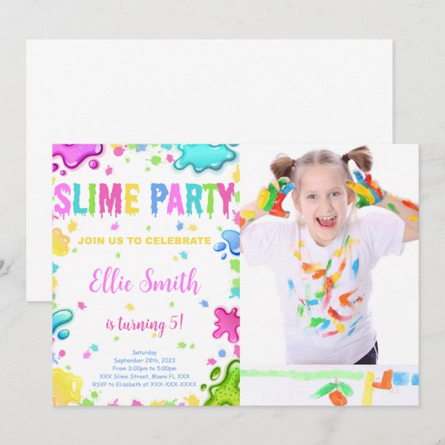 Redigerbar inbjudan till Slime Birthday med foto (Fram/baksida)