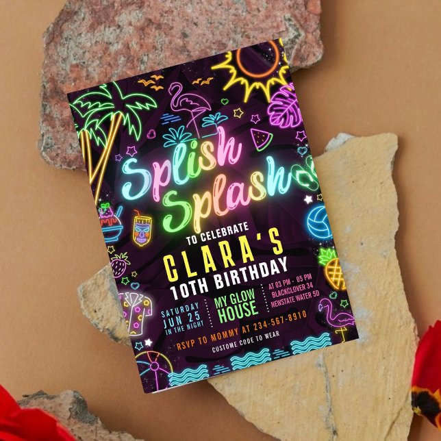 Redigerbar inbjudan till Stänk Party Glow Party (Splish Splash Party Glow Party Editable Invitation)