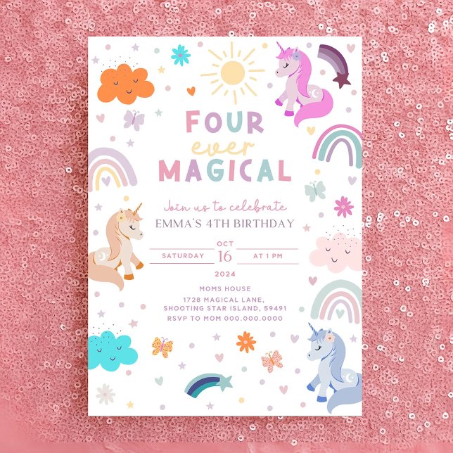 Redigerbar inbjudan till Unicorn Birthday i 4e föd (Skapare uppladdad)