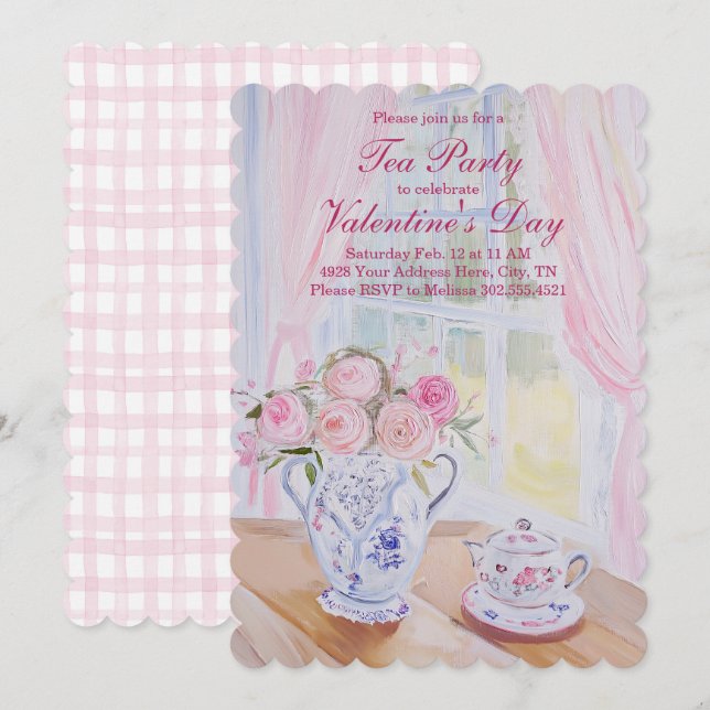 Redigerbar inbjudan till Valentine Day Tea Party (Fram/baksida)