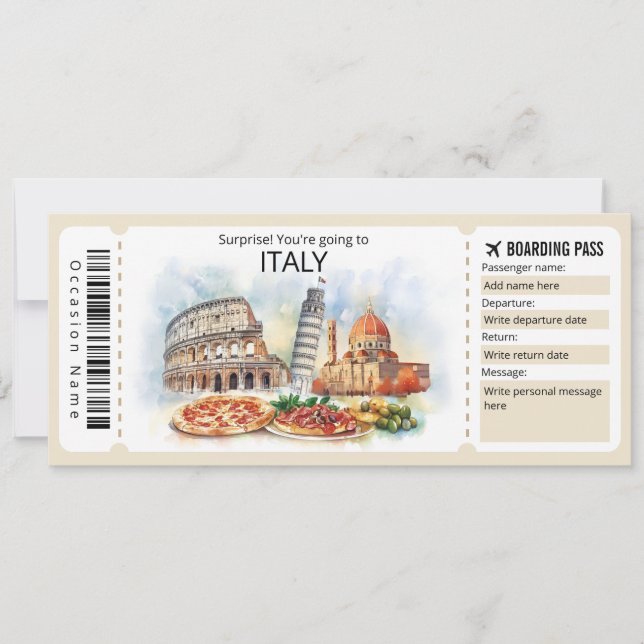 Redigerbar Italien Flygplan biljett, Italien Resa Inbjudningar (Framsida)