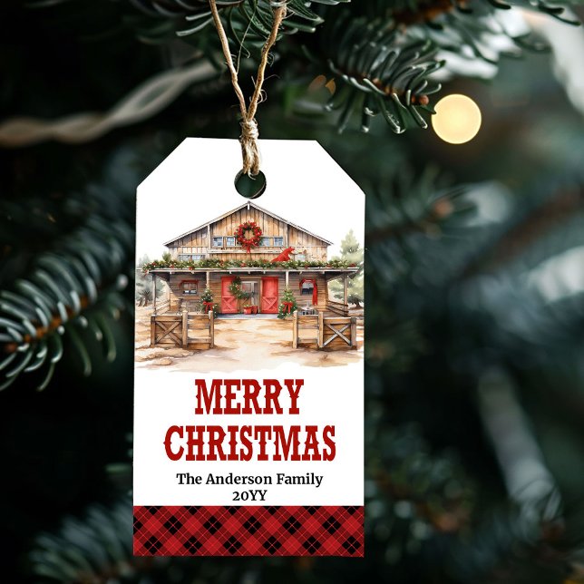 Redigerbar julgran julkort country ranch i rött oc presentetikett (Editable country ranch Christmas tag red and gold)