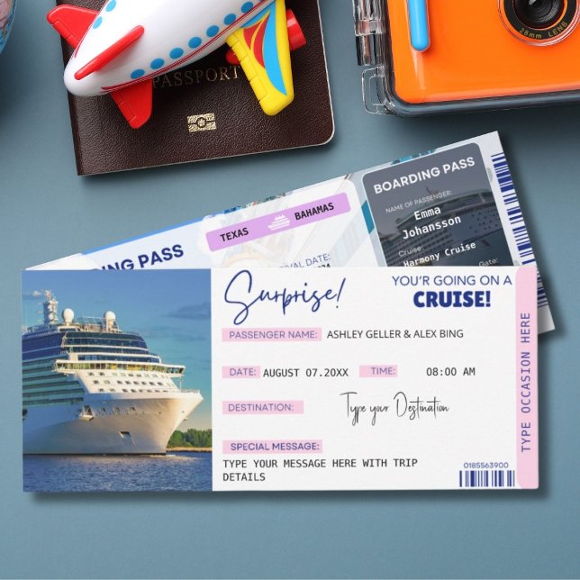 Redigerbar kryssningsbiljett Överraskning Ombordst Inbjudningar (Cruise Surprise Boarding Pass | Cruise Vacation Editable Cruise Ticket Template )