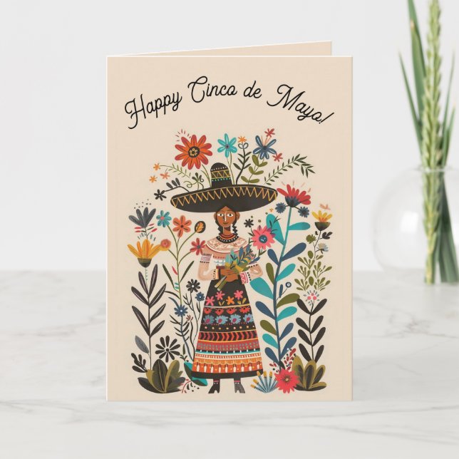 Redigerbar kvinna med hatt och blommor Cinco de Ma Kort (Framsida)