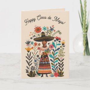 Redigerbar kvinna med hatt och blommor Cinco de Ma Kort
