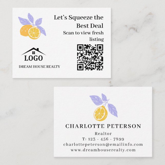 Redigerbar Lemon Summer Fastighetsaffärer QR Visitkort (Fram/baksida)