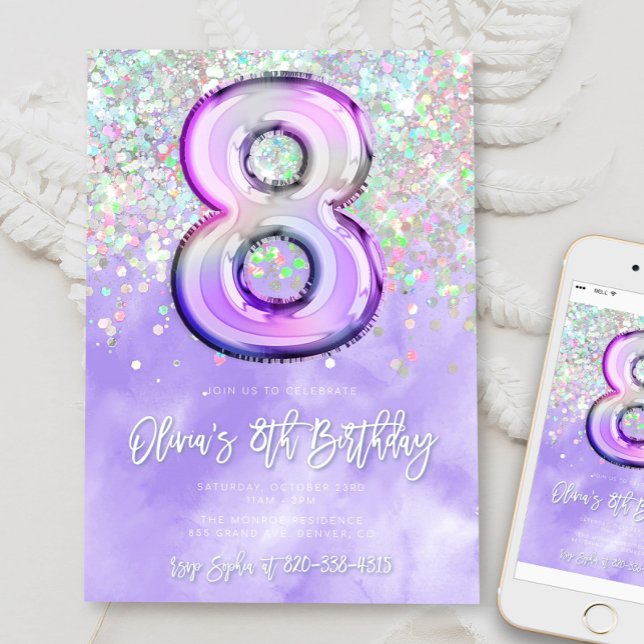 Redigerbar Lila 8:e födelsedagsinbjudan Glitter 8 Inbjudningar (Skapare uppladdad)