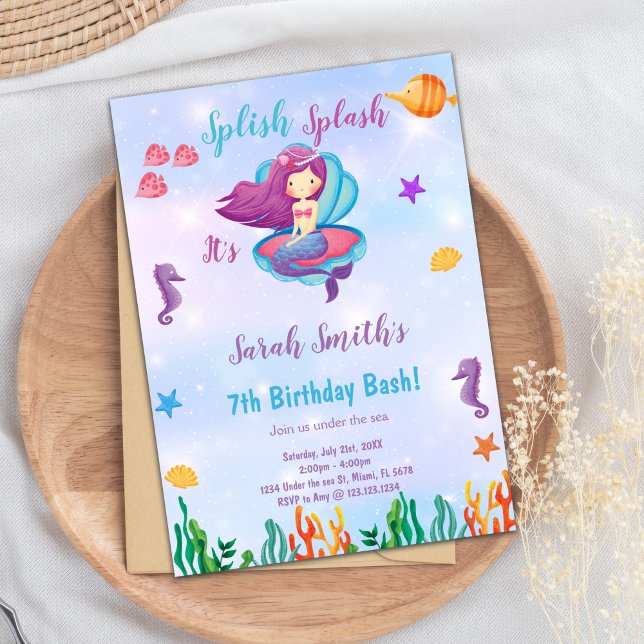 Redigerbar Lila Snäcka Sjöjungfru Birthday Inbjudningar (Purple Shell Mermaid Birthday Invitations)