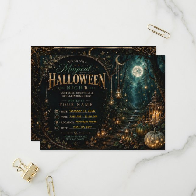 Redigerbar Magisk Halloween-inbjudan |  Inbjudan Vykort (Fram/Back In Situ)