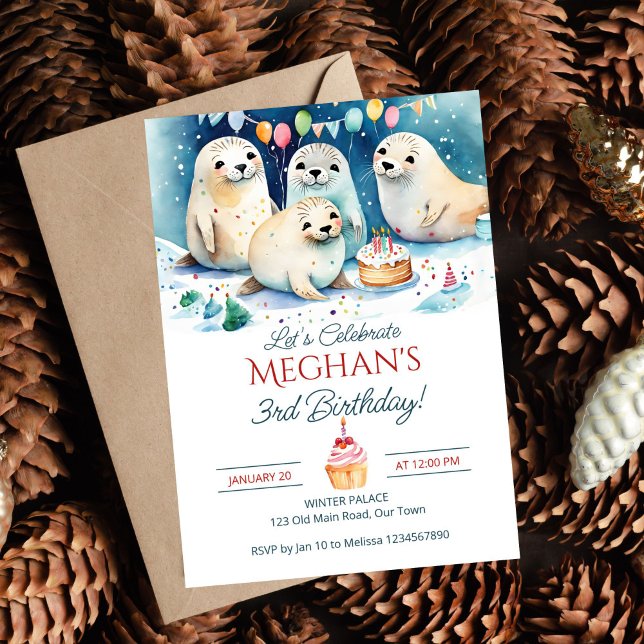 Redigerbar mall för arktisk sälvinterfödelsedag (Arctic seal winter birthday party editable template invitation digital download cute baby seals cake)