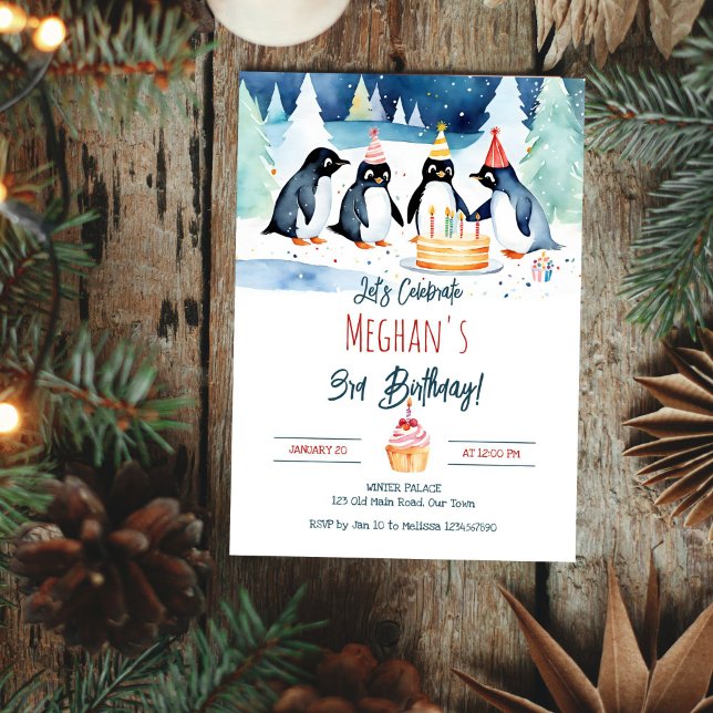 Redigerbar mall för Penguin arktiska vinterfödelse (Penguin arctic winter birthday editable template invitation digital download watercolor winter party)