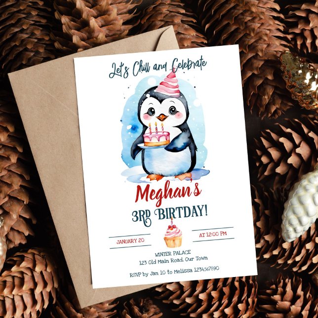 Redigerbar mall för Penguin-födelsedagsfest under  (Cute Penguin with a cake winter birthday party editable template invitation digital download oneder)
