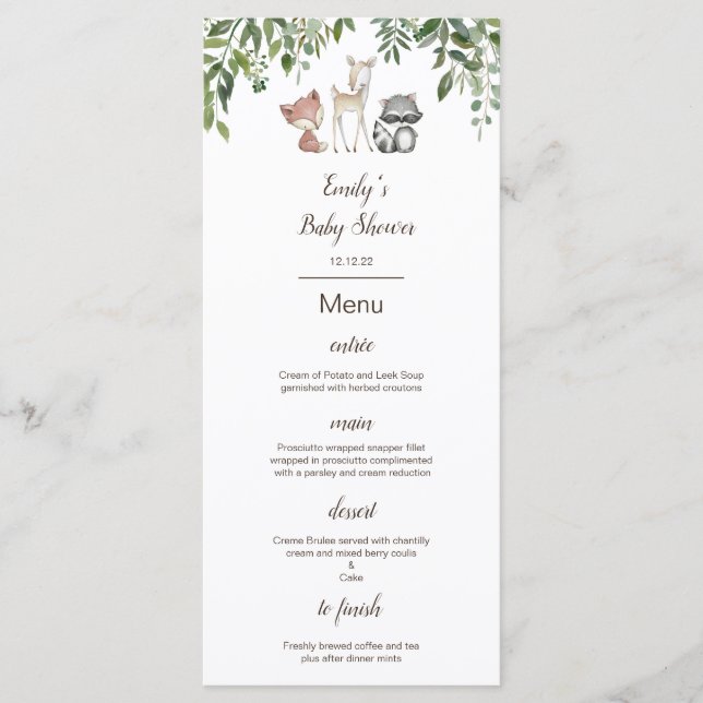 Redigerbar meny, Woodland Baby Shower Menu Meny (Framsida)