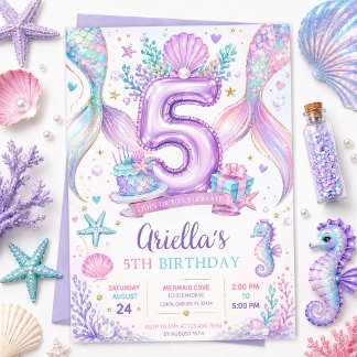 Redigerbar Mermaid 5-års födelsedagsinbjudan Inbjudningar