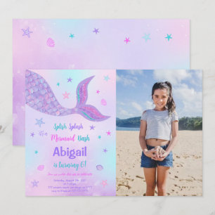 Redigerbar Mermaid Födelsedags Foto Inbjudan