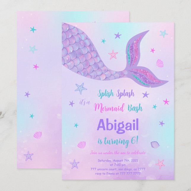 Redigerbar Mermaid Födelsedagsinbjudan Inbjudningar (Fram/baksida)