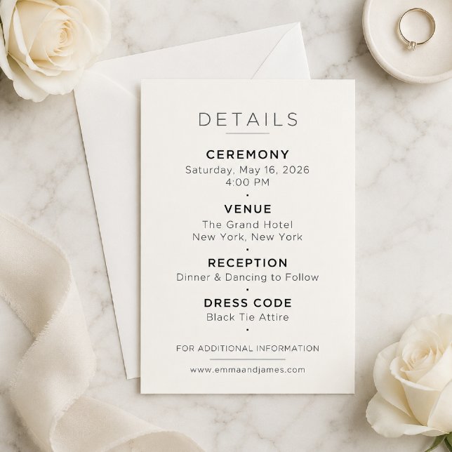 Redigerbar Minimal Bröllopsbilaga Tilläggskort (Elegant Details Card displayed on ivory linen with soft natural light.)