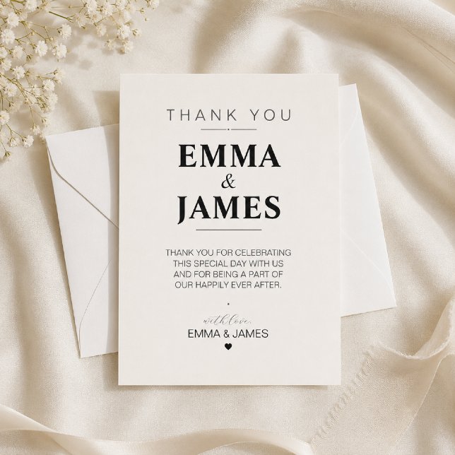 Redigerbar minimalistisk bröllop tackkort tack kort (Elegant minimalist Thank You card with timeless ivory wedding aesthetics.)