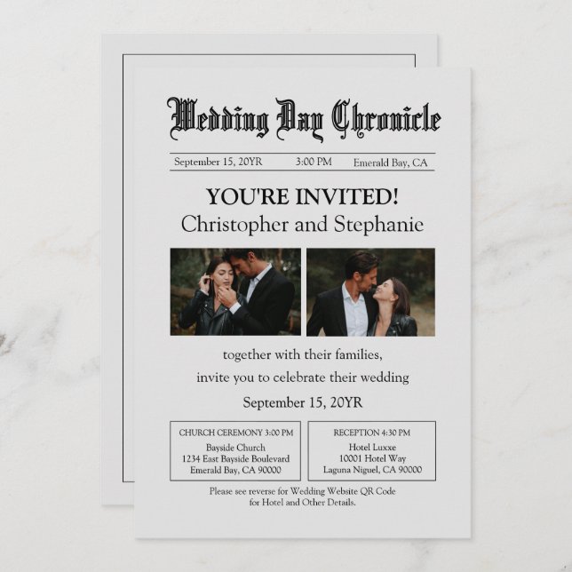 Redigerbar minimalistisk tidning Två foton QR-kod Inbjudningar (Fram/baksida)