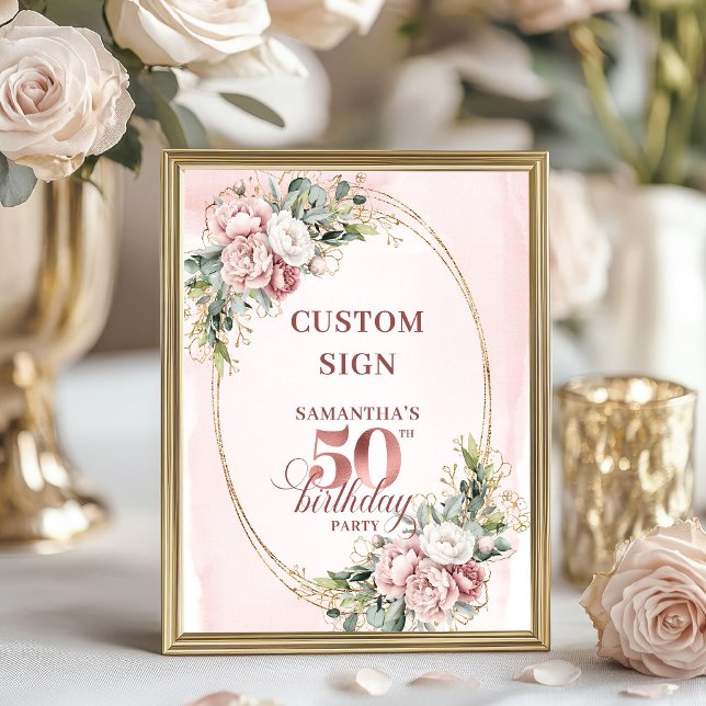 Redigerbar Mjuk Blush Botanisk 50-årsdag 8x10  Poster (Editable Soft Blush Botanical 50th Birthday 8x10 Sign)