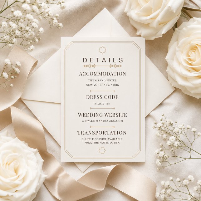 Redigerbar Mjuk Elfenbensvit Elegans Detaljer Kort (Elegant wedding details card for your timeless celebration.)