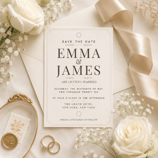 Redigerbar Mjuk Elfenbensvit Elegans Spara Datum-k Inbjudningar (Elegant ivory save the date with timeless romance and luxury details.)
