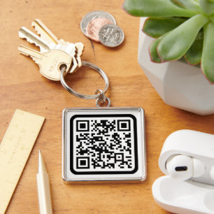 Redigerbar modern QR-kod Svart Vit eller valfri Fyrkantig Silverfärgad Nyckelring