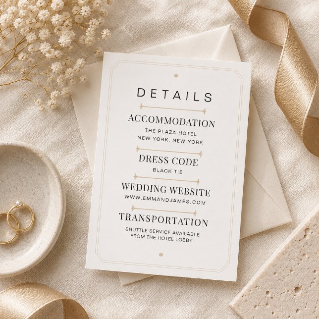 Redigerbar Modern Serif Lyx Bröllopsdetaljkort OSA Kort (Elegant flat lay featuring the Modern Serif Luxury Details Card on warm white linen.)