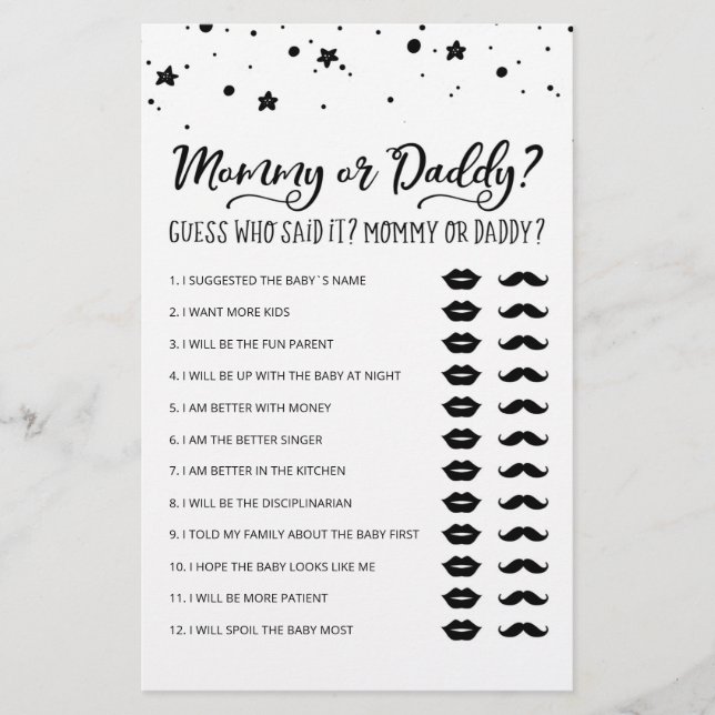 Redigerbar Mommy eller Daddy Baby Shower-partyspel (Framsida)