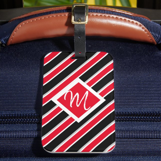 Redigerbar - Monogram Initial Röd Vit Svart Bagagebricka (Framsida Insitu 2)