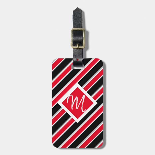 Redigerbar - Monogram Initial Röd Vit Svart Bagagebricka (Vertikal Framsida)