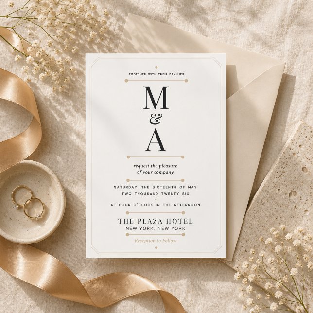 Redigerbar Monogram Minimal Lyx Bröllop Inbjudningar (Elegant Monogram Wedding Invitation on luxurious warm linen with timeless editorial styling.)