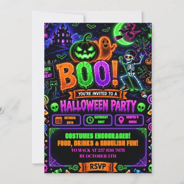 Redigerbar Neon Halloween Födelsedag  Inbjudningar (Framsida)