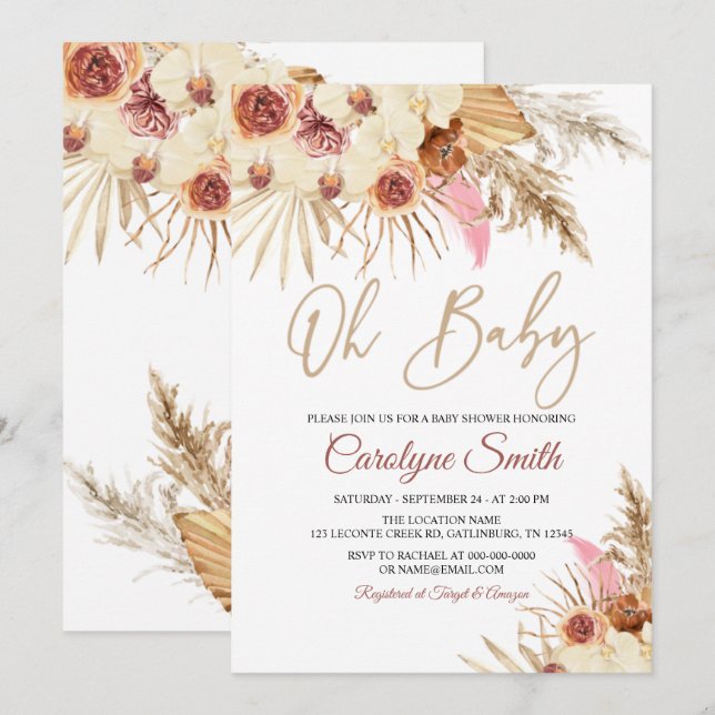 Redigerbar Pampas Grass Oh Baby Shower-inbjudan Inbjudningar (Fram/baksida)