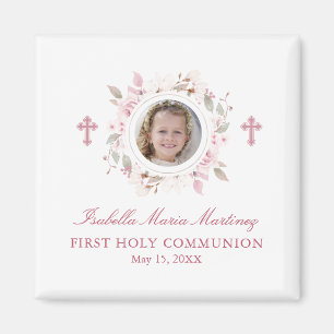 Redigerbar Photo First Communion Rosa Flower Favor Magnet