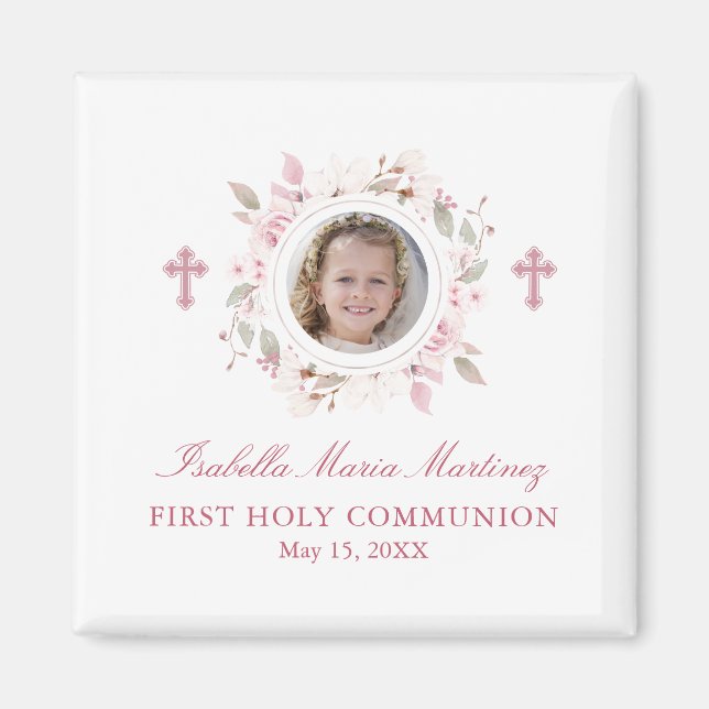 Redigerbar Photo First Communion Rosa Flower Favor Magnet (Framsidan)