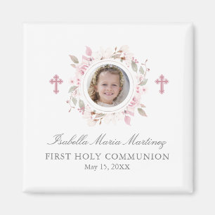 Redigerbar Photo First Communion Rosa Flower Favor Magnet