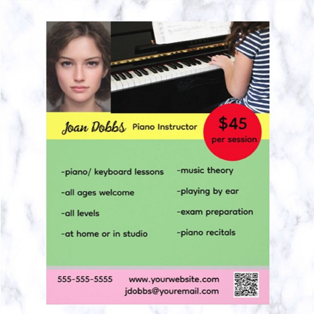 Redigerbar Piano-instruktör Flyer (This is a great way to advertise your piano lessons!)