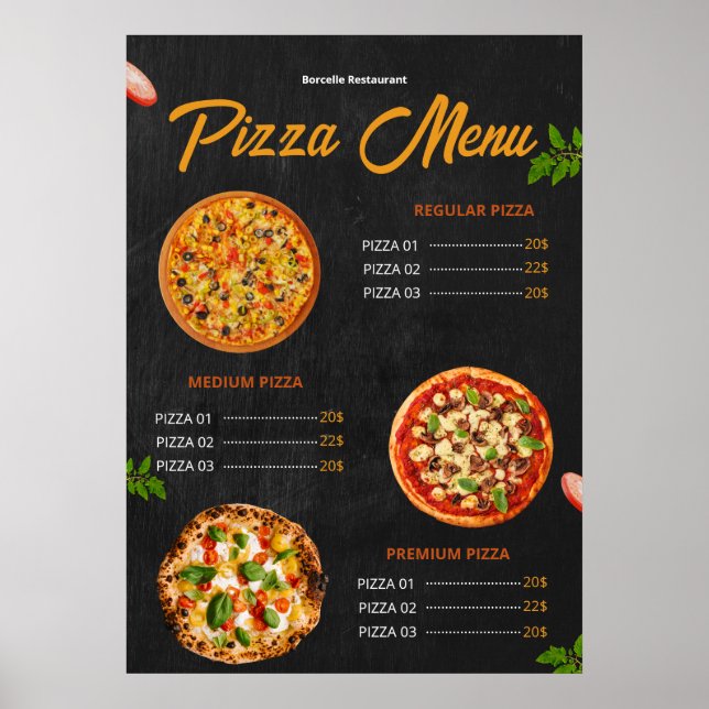 Redigerbar Pizzamenu Pizzeria Restaurang Meny Poster (Framsidan)