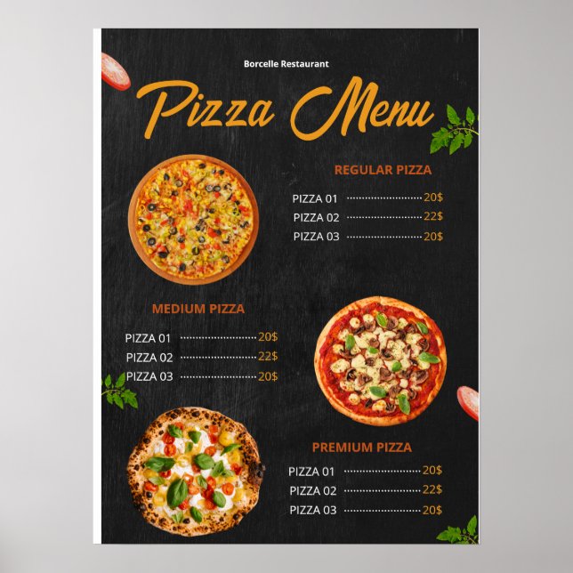 Redigerbar Pizzamenu Pizzeria Restaurang Meny Poster (Framsidan)
