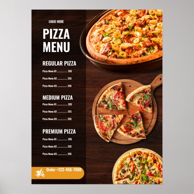 Redigerbar Pizzamenu Pizzeria Restaurangmeny Poster (Framsidan)