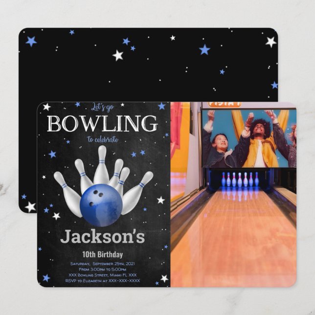 Redigerbar pojke bowling fotoinbjudan inbjudningar (Fram/baksida)