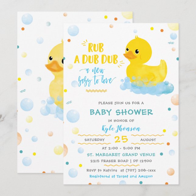 Redigerbar pojke gummiand babyshowern inbjudningar (Fram/baksida)